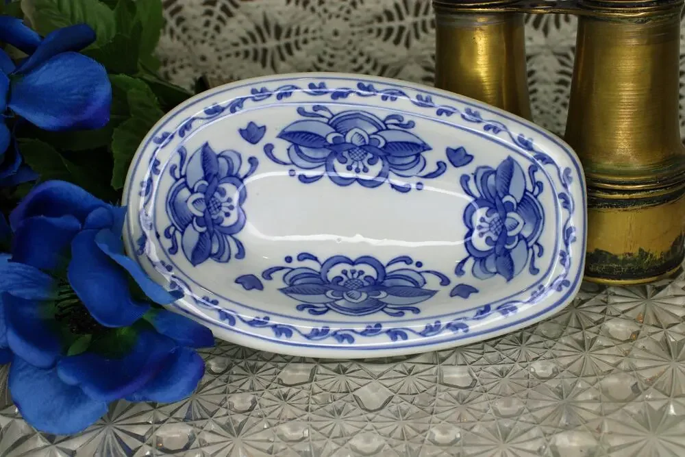 Blue Floral Bath Tub Shaped Ceramic Trinket Tray
